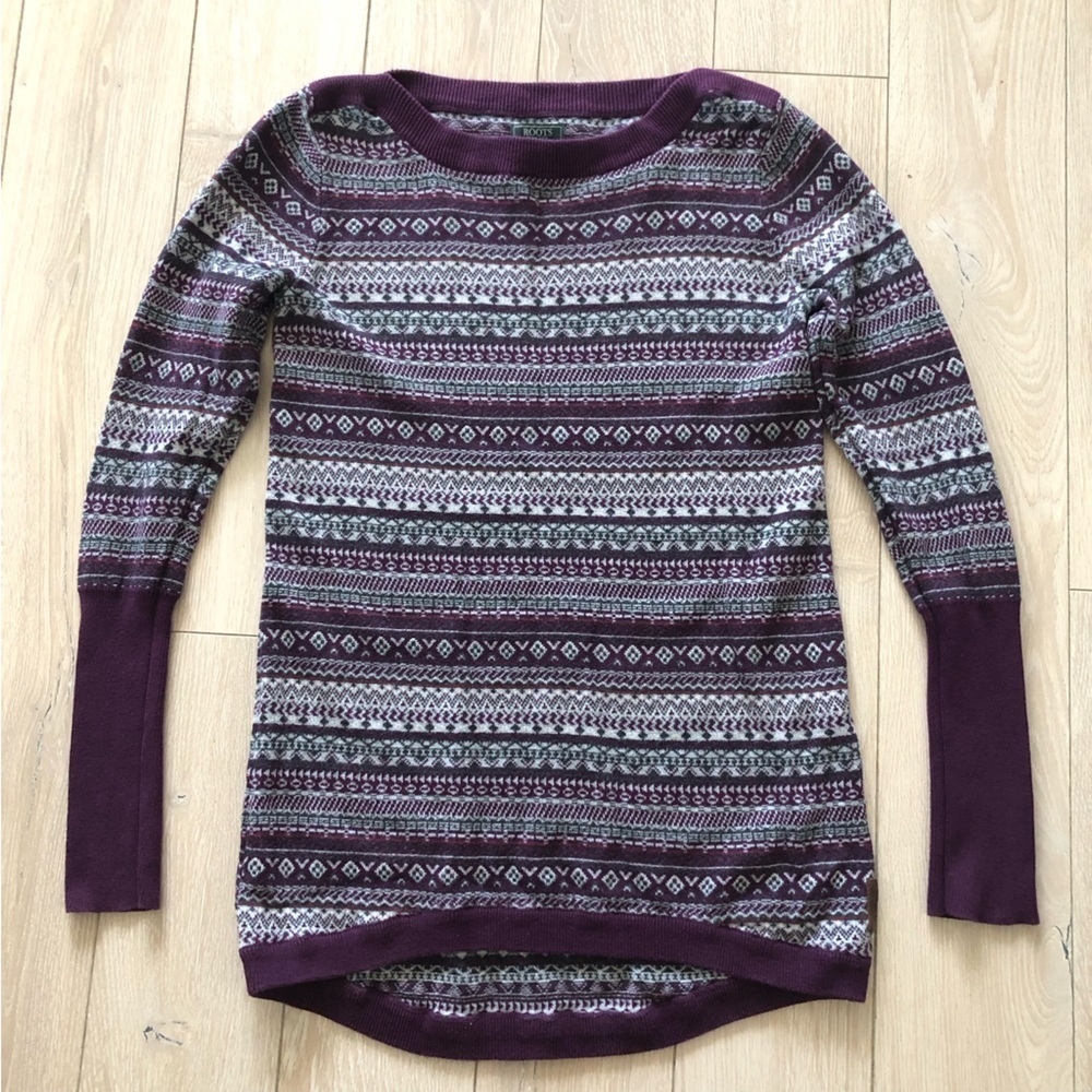 Roots Fair Isle Jacquard Light Sweater in Purple & Dark Gray Size XS